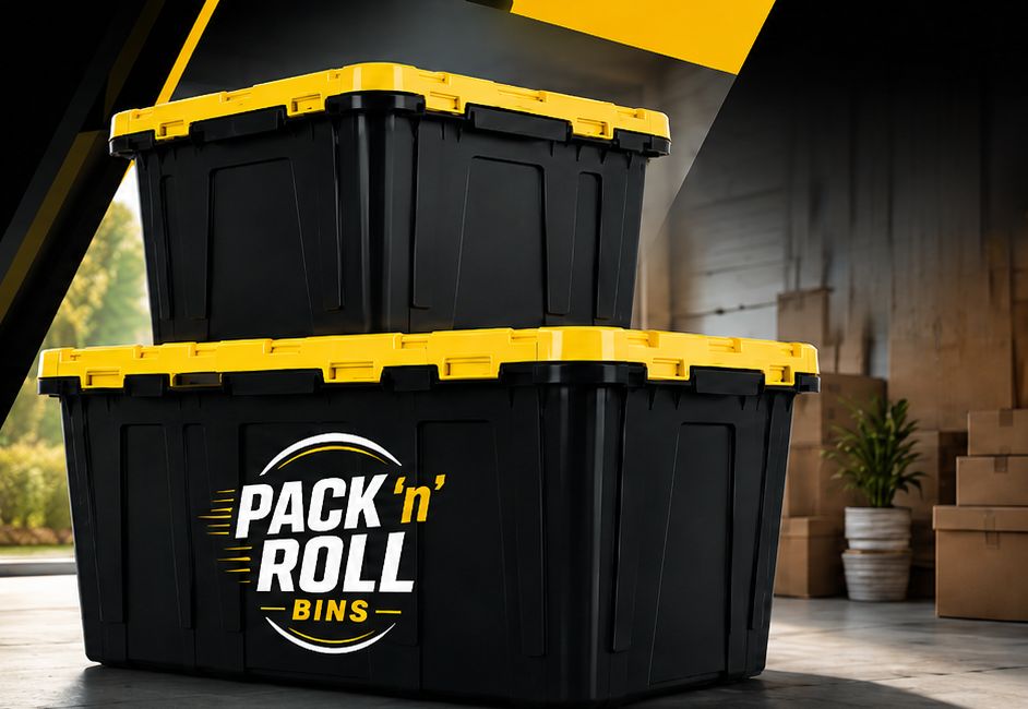 Two stacked Pack 'n' Roll heavy-duty rental bins with yellow lids